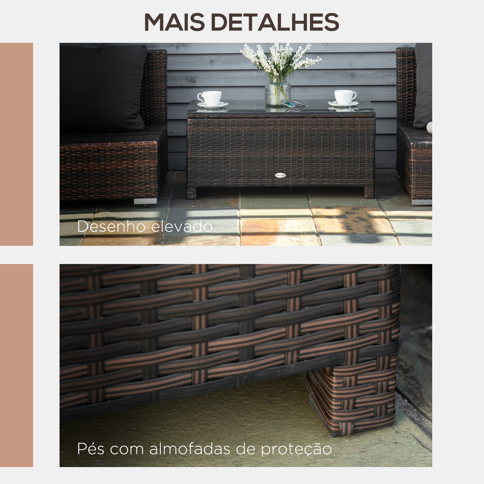 Mesa de centro jardim de vime sintético mesa de apoio para exterior com vidro temperado 85x50x39 cm marrom