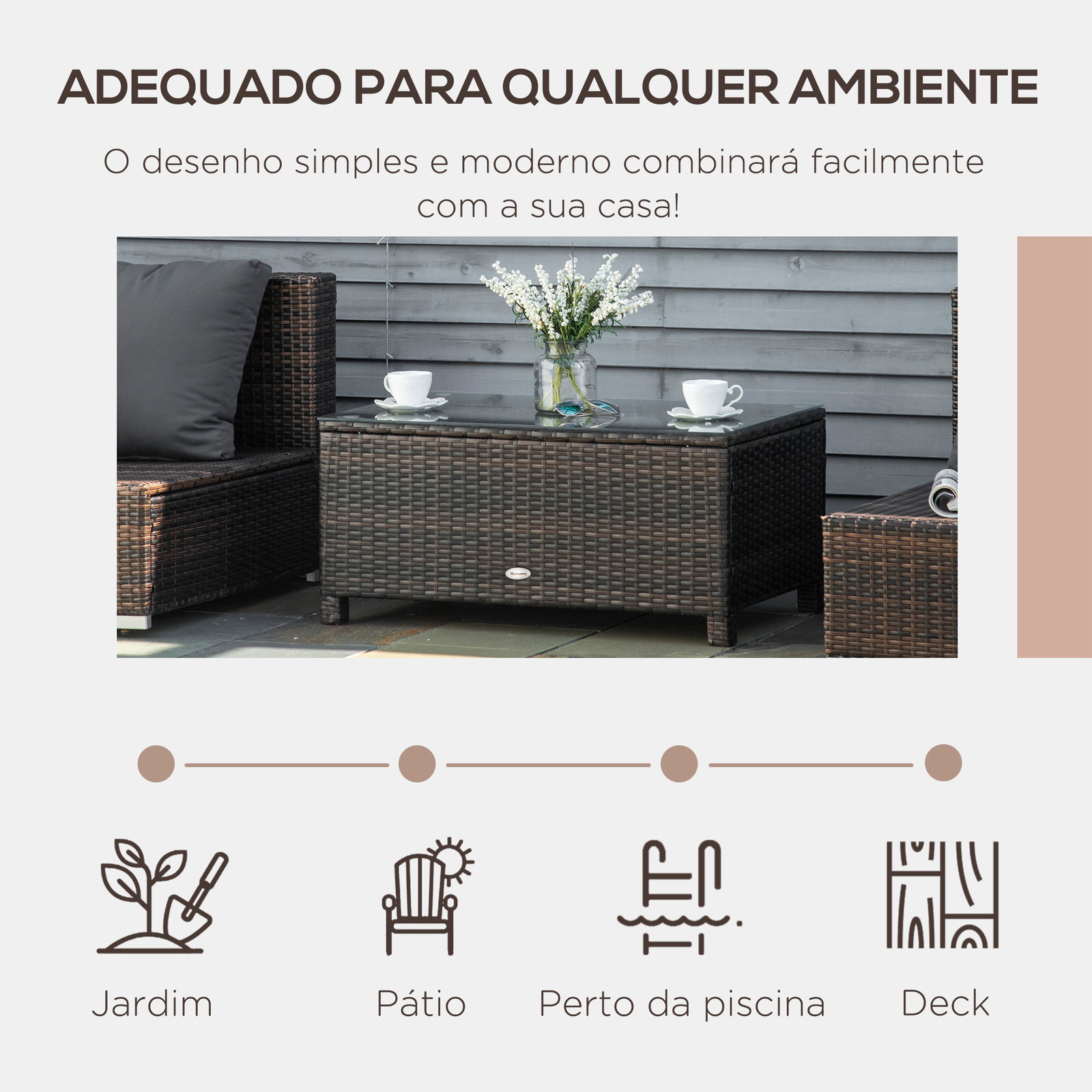 Mesa de centro jardim de vime sintético mesa de apoio para exterior com vidro temperado 85x50x39 cm marrom