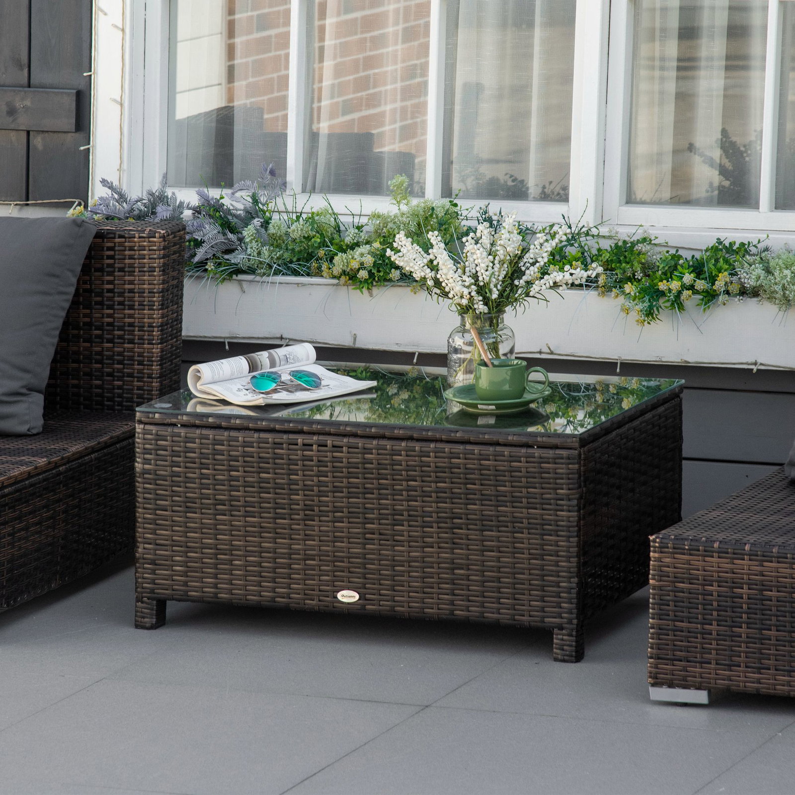 Mesa de centro jardim de vime sintético mesa de apoio para exterior com vidro temperado 85x50x39 cm marrom