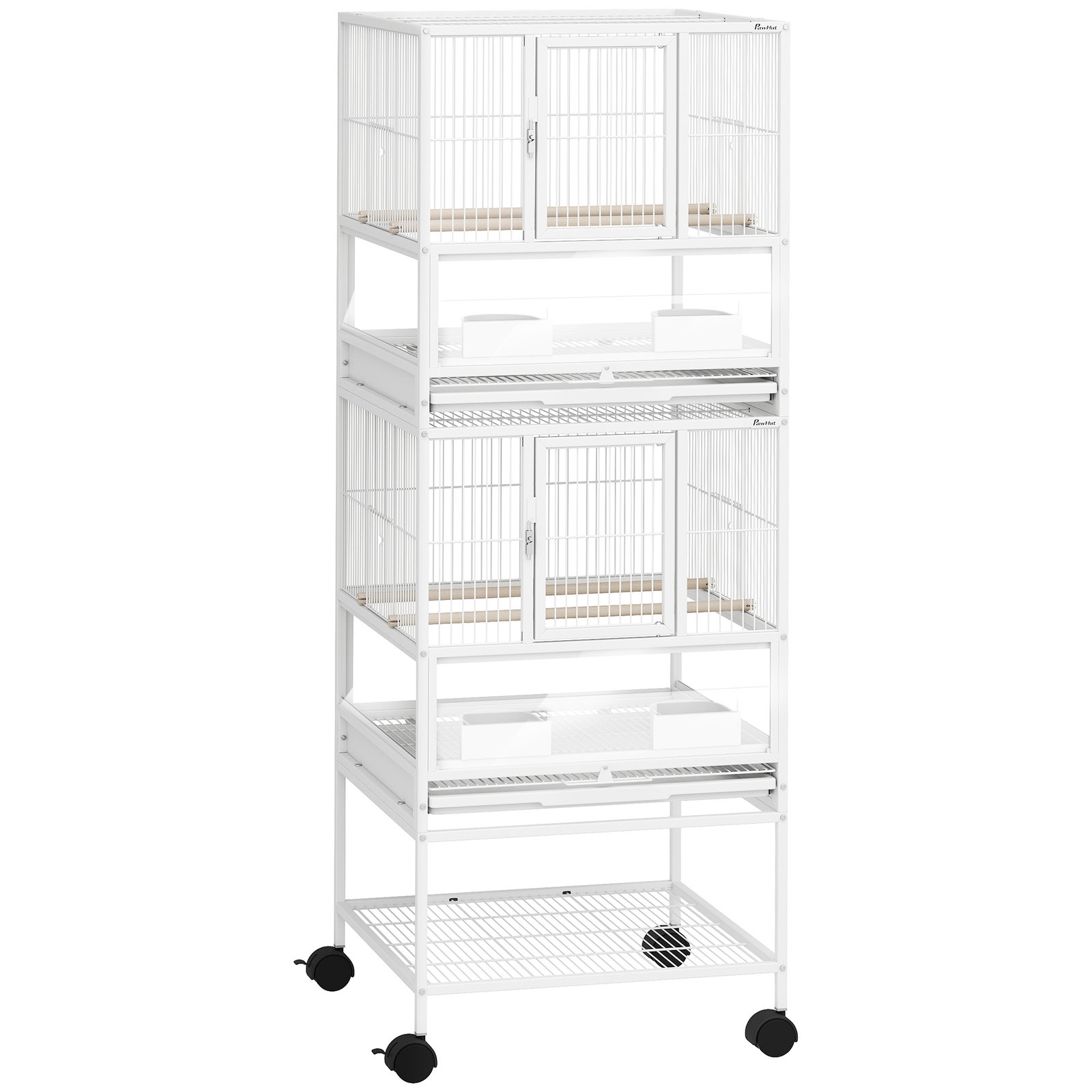 Gaiola para pássaros de 2 níveis com rodas painéis acrílicos comedouros prateleira bandejas amovíveis 48x46x134,5 cm branco