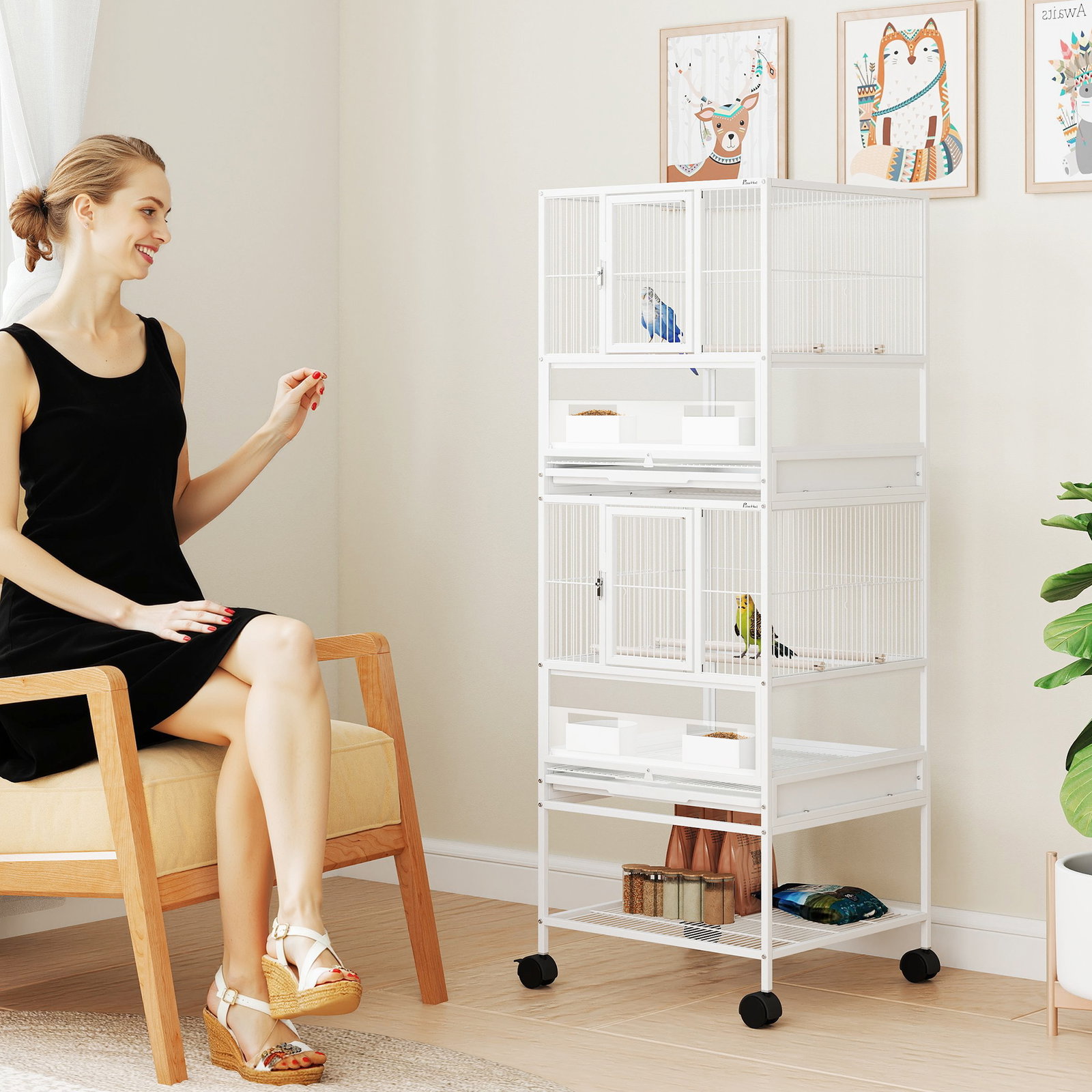 Gaiola para pássaros de 2 níveis com rodas painéis acrílicos comedouros prateleira bandejas amovíveis 48x46x134,5 cm branco