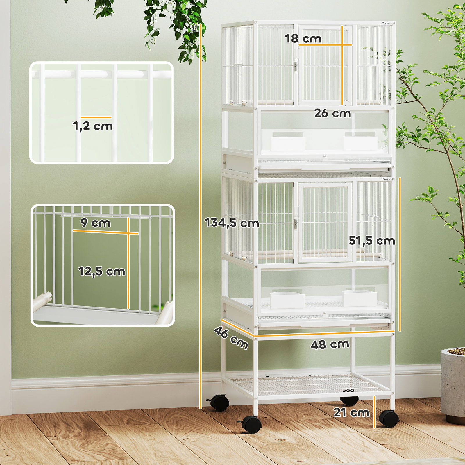 Gaiola para pássaros de 2 níveis com rodas painéis acrílicos comedouros prateleira bandejas amovíveis 48x46x134,5 cm branco