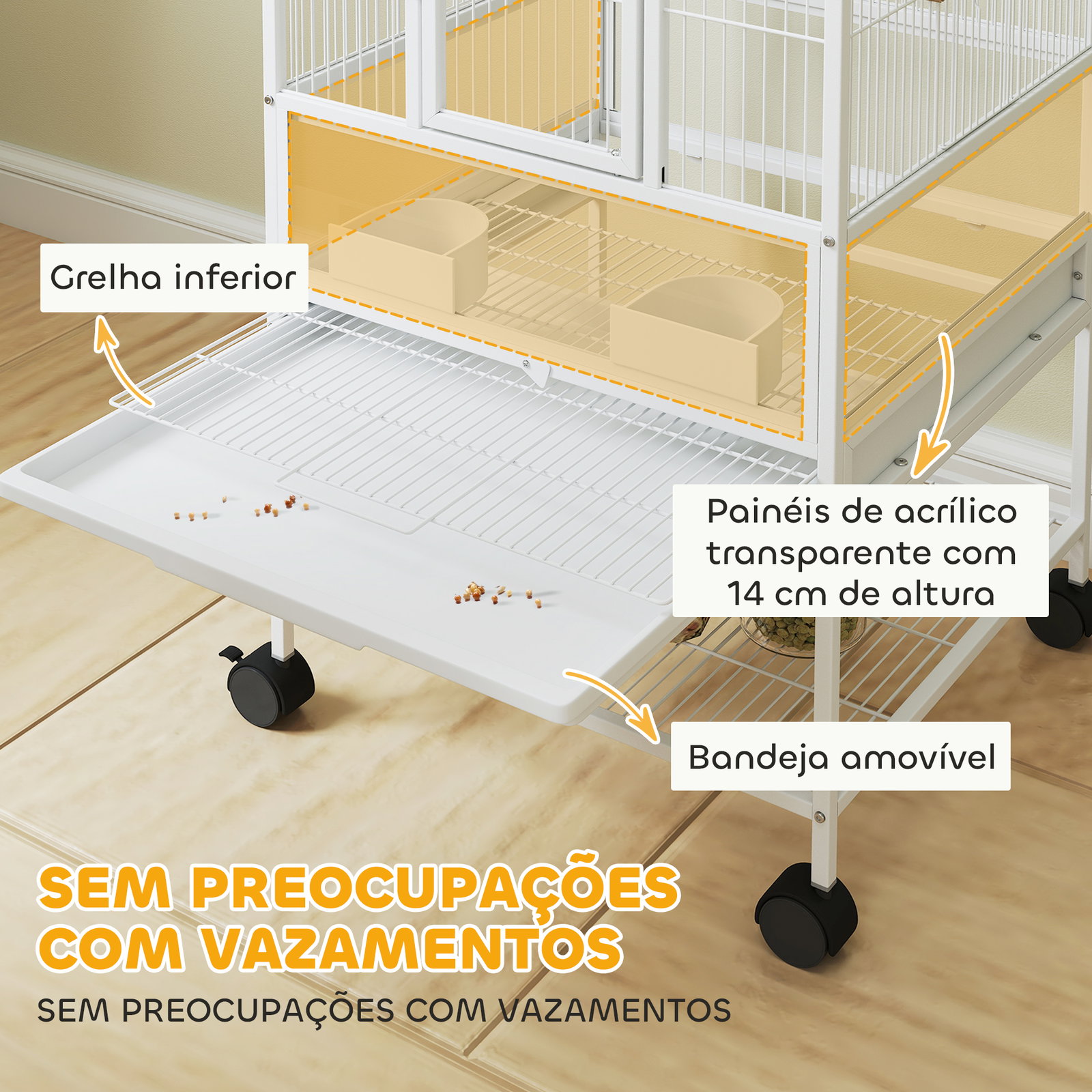 Gaiola para pássaros de 2 níveis com rodas painéis acrílicos comedouros prateleira bandejas amovíveis 48x46x134,5 cm branco