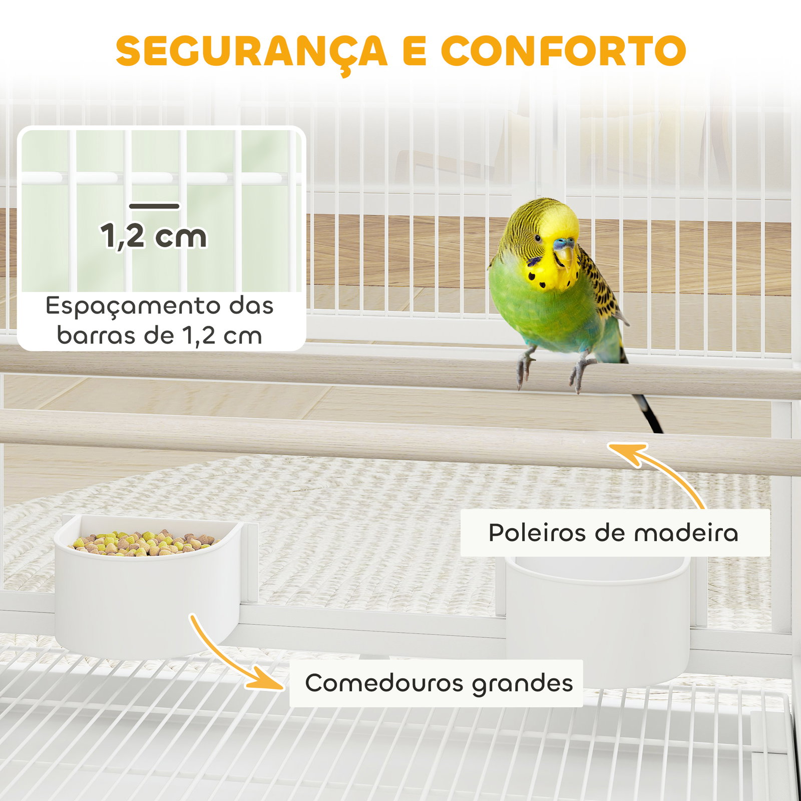 Gaiola para pássaros de 2 níveis com rodas painéis acrílicos comedouros prateleira bandejas amovíveis 48x46x134,5 cm branco