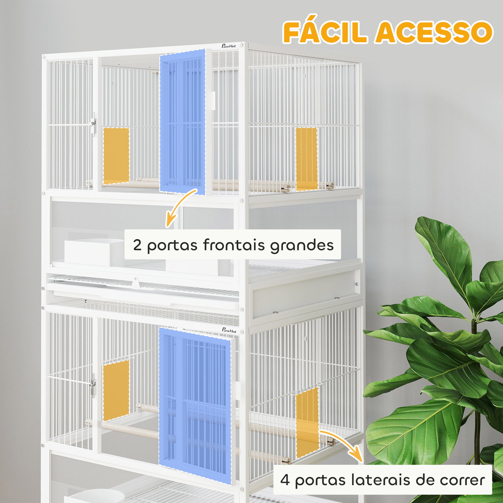 Gaiola para pássaros de 2 níveis com rodas painéis acrílicos comedouros prateleira bandejas amovíveis 48x46x134,5 cm branco
