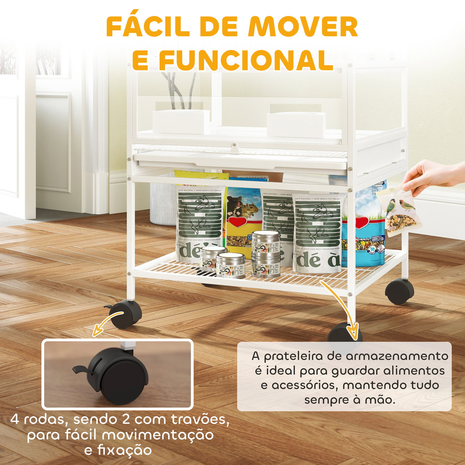 Gaiola para pássaros de 2 níveis com rodas painéis acrílicos comedouros prateleira bandejas amovíveis 48x46x134,5 cm branco