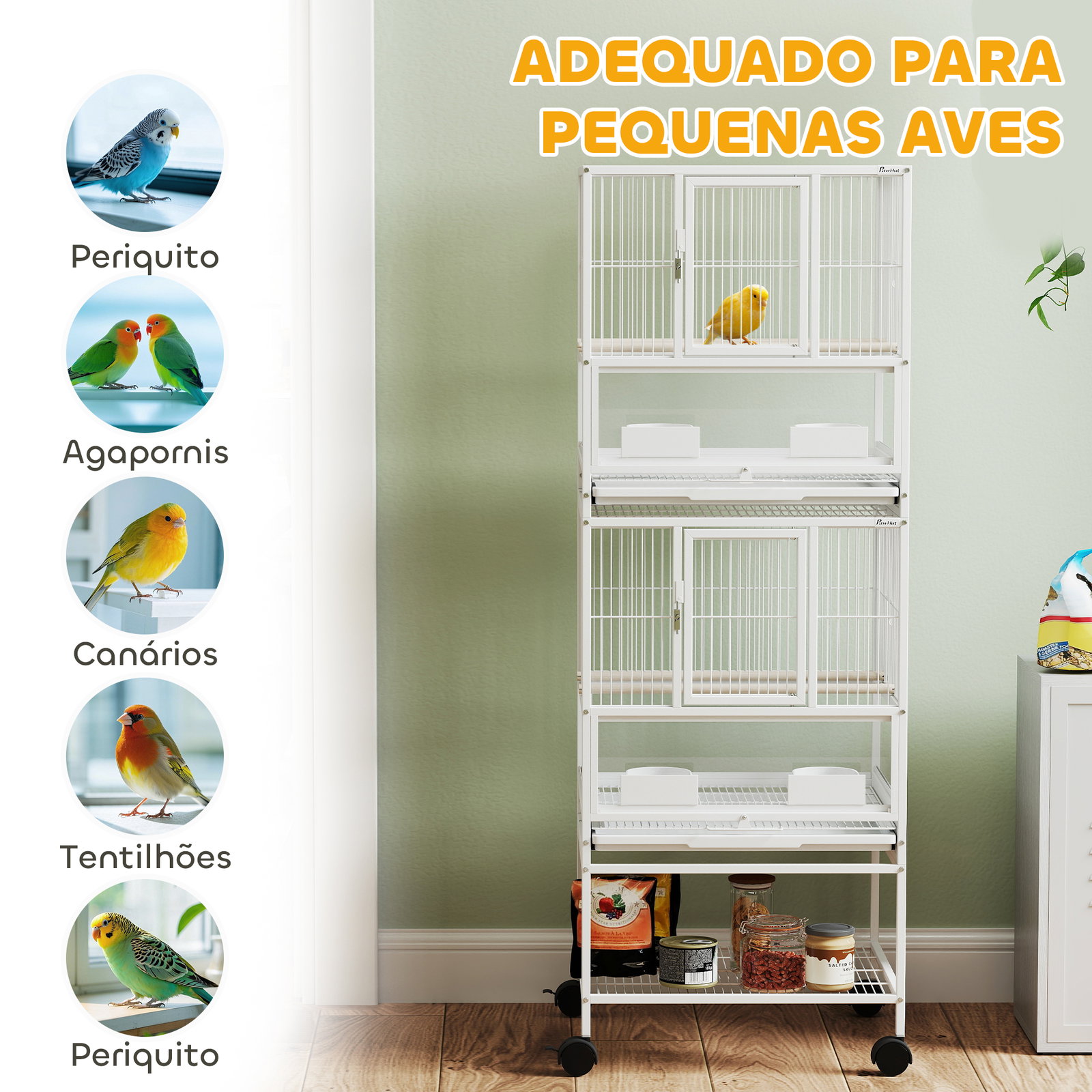 Gaiola para pássaros de 2 níveis com rodas painéis acrílicos comedouros prateleira bandejas amovíveis 48x46x134,5 cm branco
