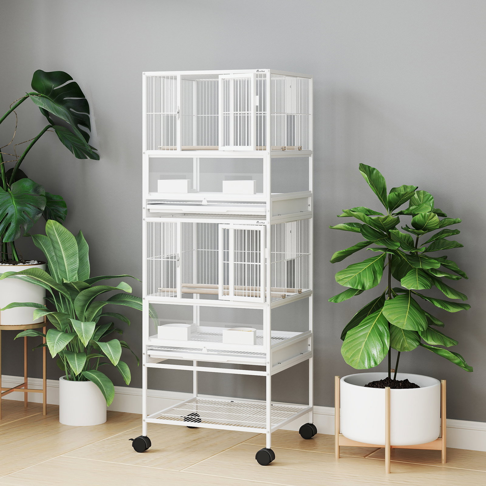 Gaiola para pássaros de 2 níveis com rodas painéis acrílicos comedouros prateleira bandejas amovíveis 48x46x134,5 cm branco