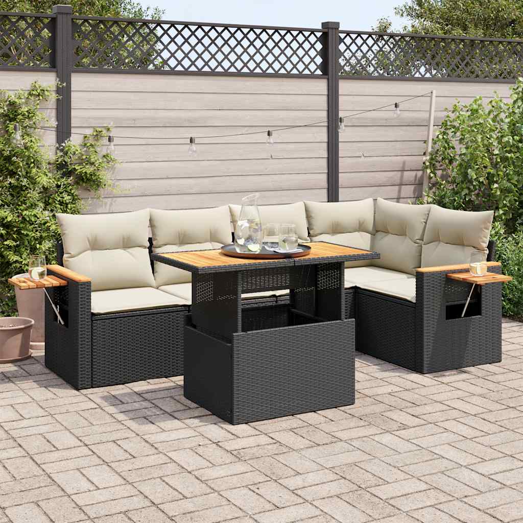 6 Pcs conjunto sofás jardim c/ almofadões vime PE/acácia preto