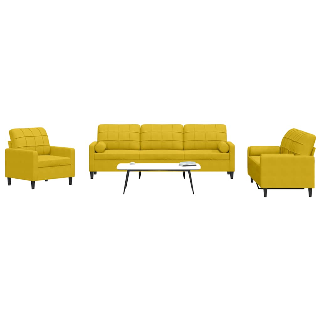 3 Pcs conjunto de sofás com almofadões e rolos veludo amarelo