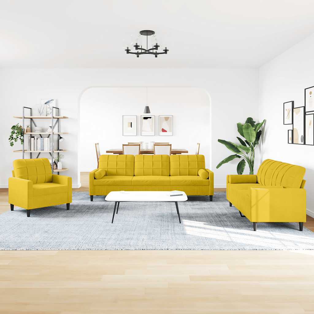 3 Pcs conjunto de sofás com almofadões e rolos veludo amarelo