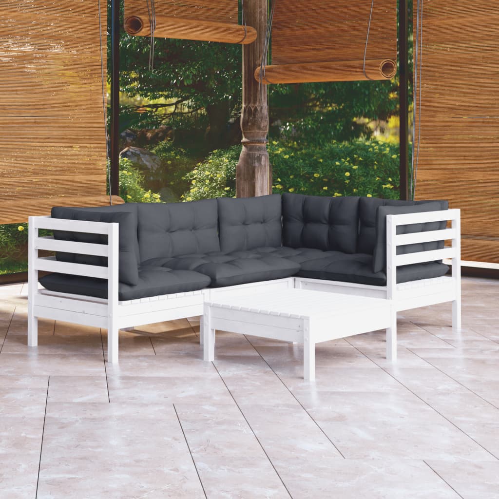 5 Pcs conjunto lounge de jardim c/ almofadões pinho branco