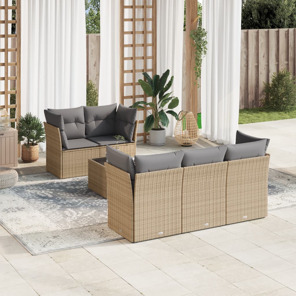 6 Pcs conjunto de sofás p/ jardim com almofadões vime PE bege
