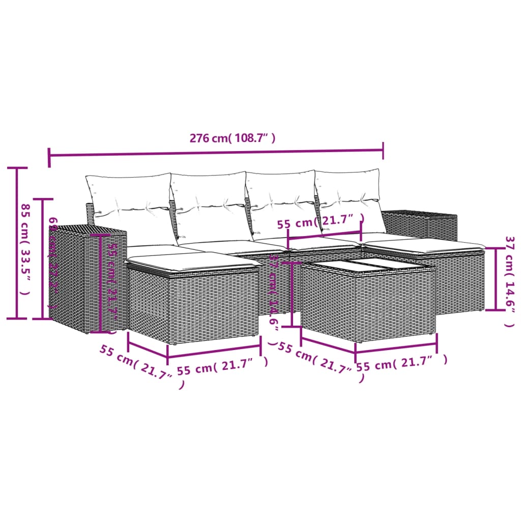 7 Pcs conjunto de sofás p/ jardim com almofadões vime PE bege
