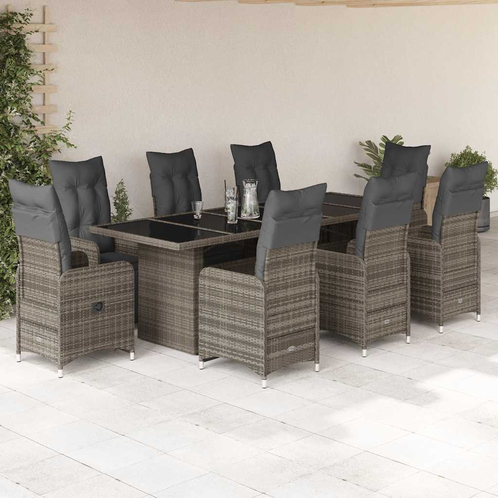 9 Pcs conjunto bistrô de jardim c/ almofadões vime PE cinzento