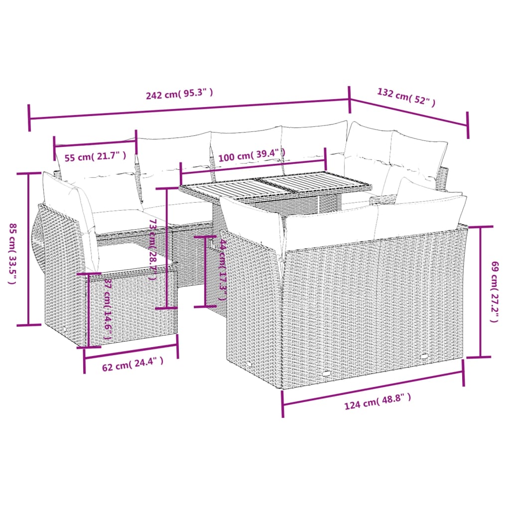 9 Pcs conjunto sofás p/ jardim com almofadões vime PE cinzento