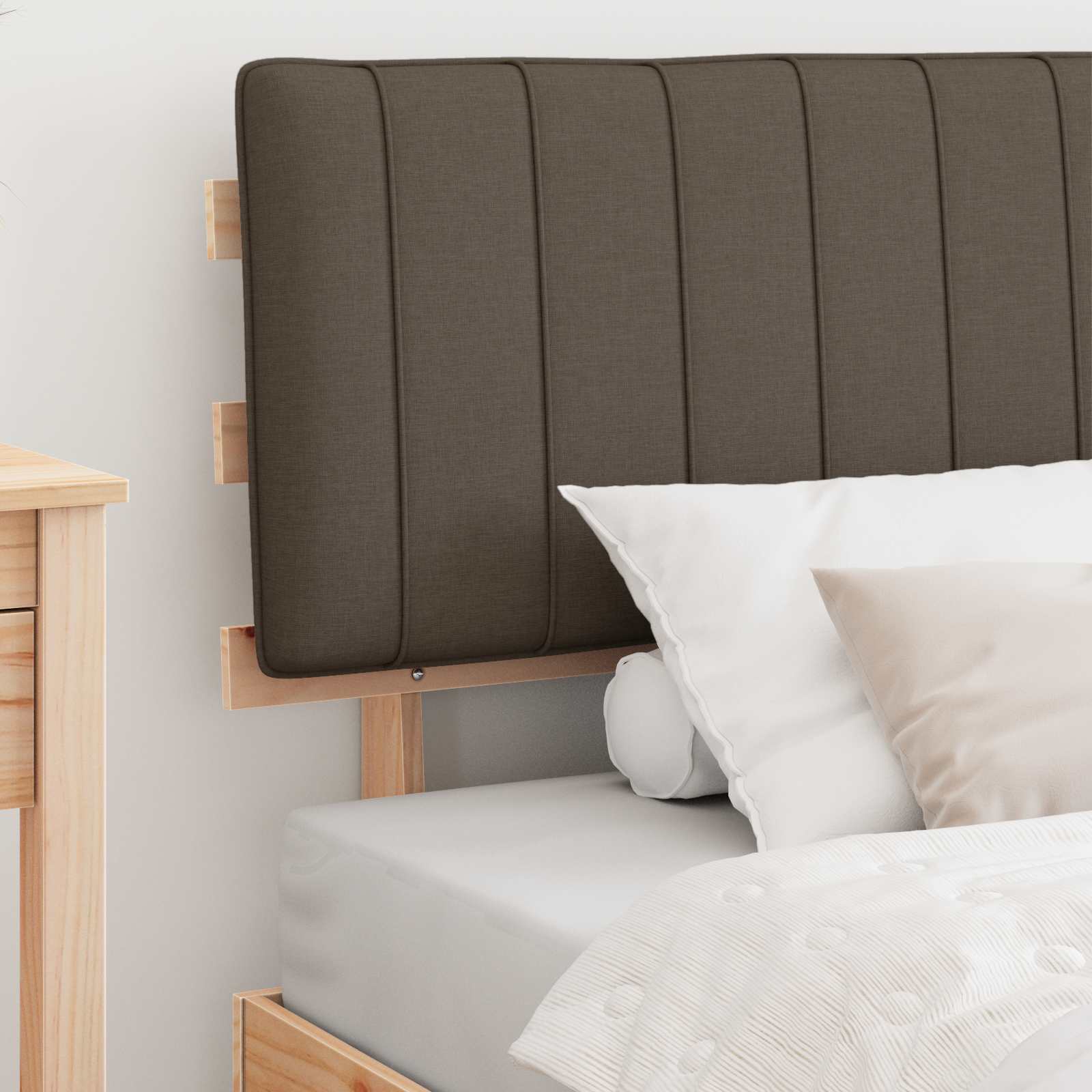 Estrutura de cama com cabeceira estofada cinzento-acastanhado