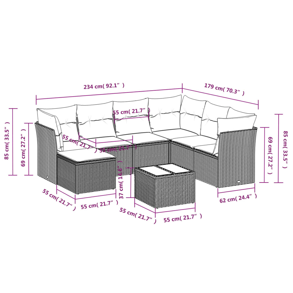 8 Pcs conjunto sofás de jardim c/ almofadões vime PE cinzento