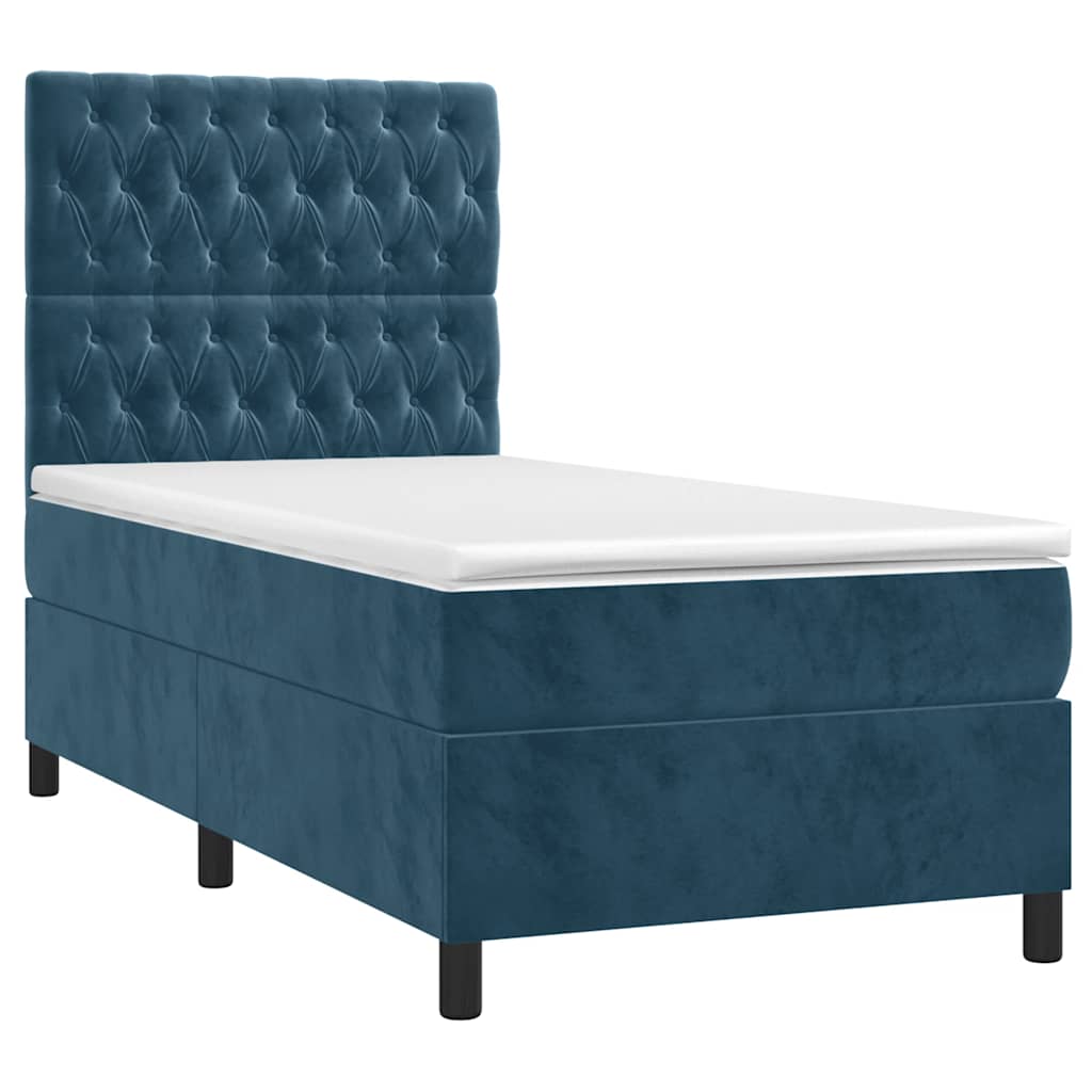 Cama box spring c/ colchão/LED 100x200 cm veludo azul-escuro