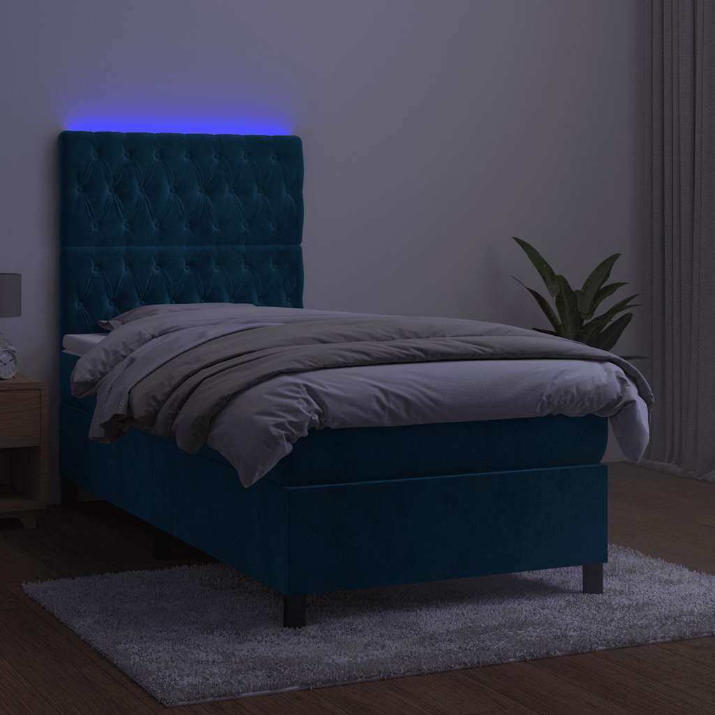 Cama box spring c/ colchão/LED 100x200 cm veludo azul-escuro
