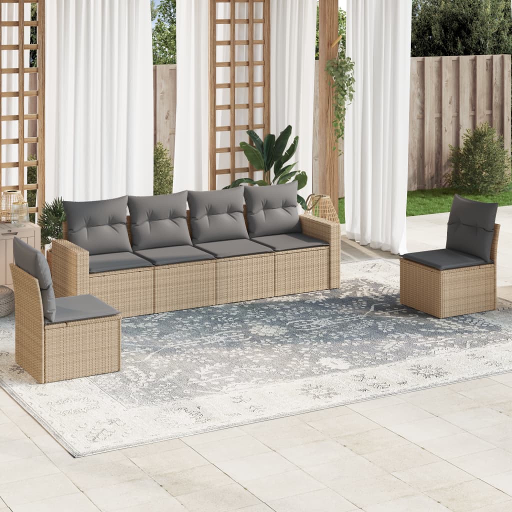 6 Pcs conjunto de sofás p/ jardim com almofadões vime PE bege