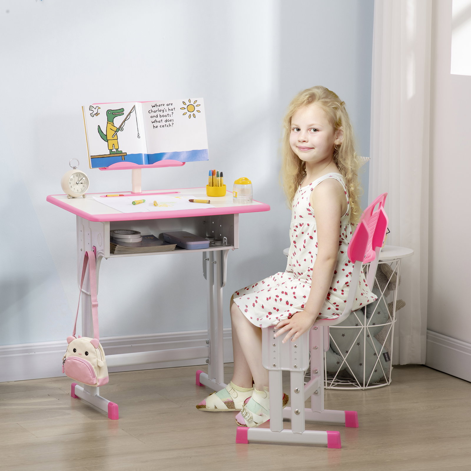 Conjunto de secretária e cadeira para crianças com altura ajustável 1 gaveta e 1 prateleira para livros 60x45x90-120 cm rosa