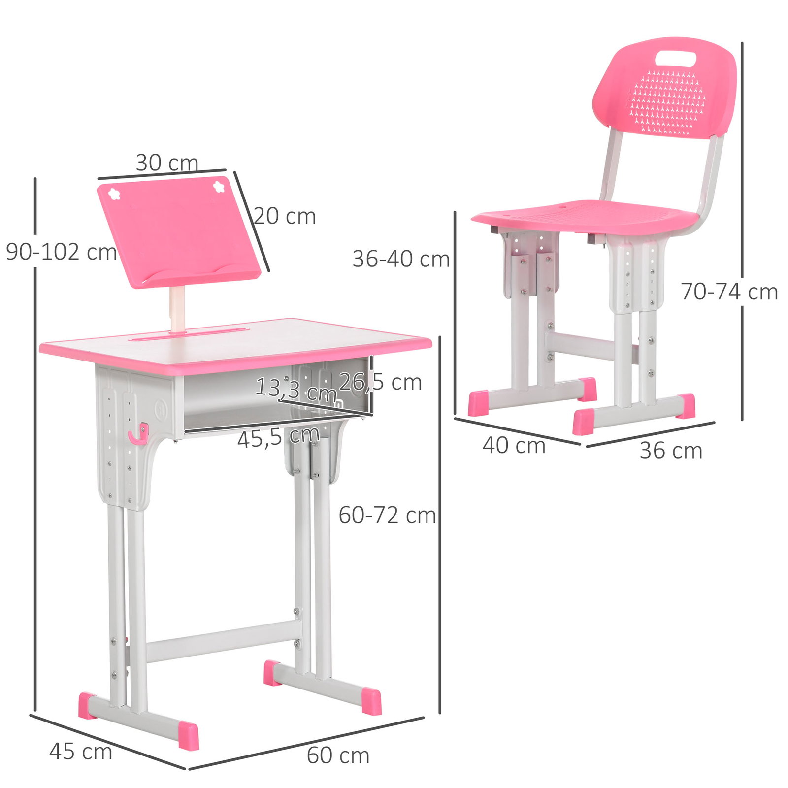 Conjunto de secretária e cadeira para crianças com altura ajustável 1 gaveta e 1 prateleira para livros 60x45x90-120 cm rosa