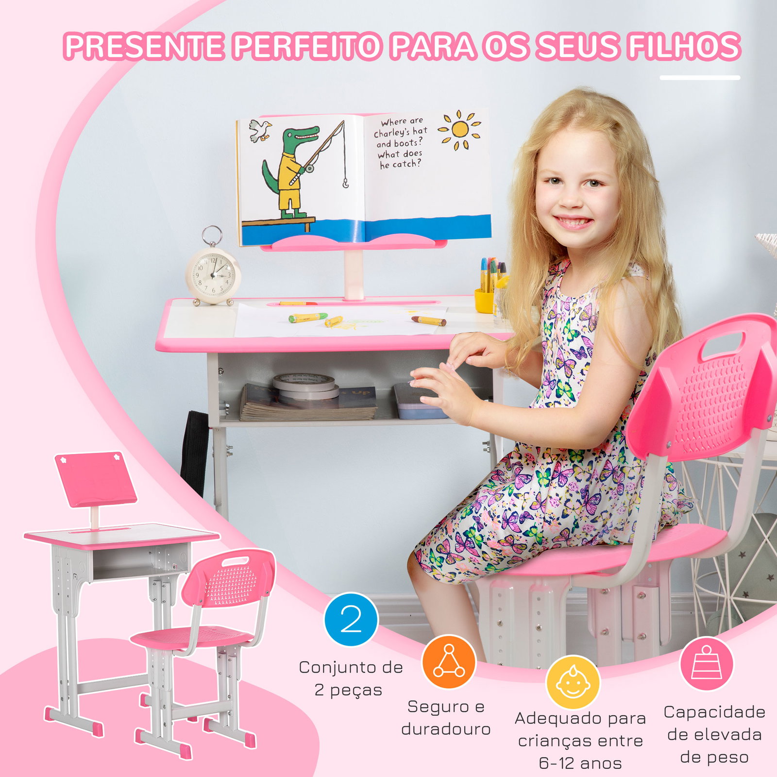 Conjunto de secretária e cadeira para crianças com altura ajustável 1 gaveta e 1 prateleira para livros 60x45x90-120 cm rosa