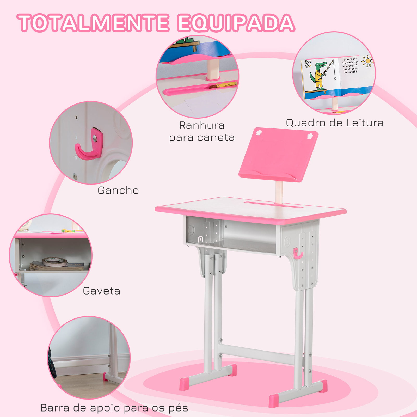 Conjunto de secretária e cadeira para crianças com altura ajustável 1 gaveta e 1 prateleira para livros 60x45x90-120 cm rosa