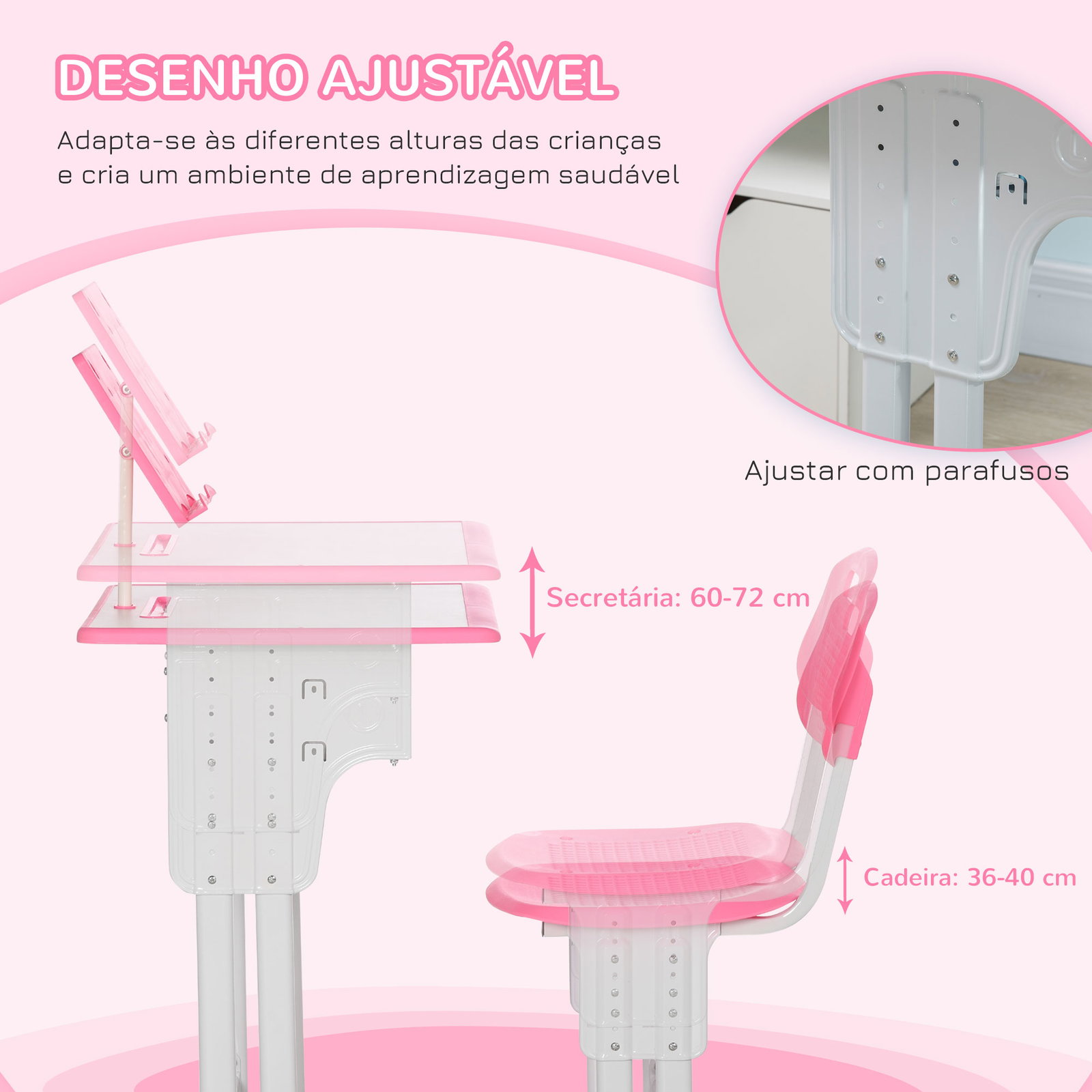 Conjunto de secretária e cadeira para crianças com altura ajustável 1 gaveta e 1 prateleira para livros 60x45x90-120 cm rosa