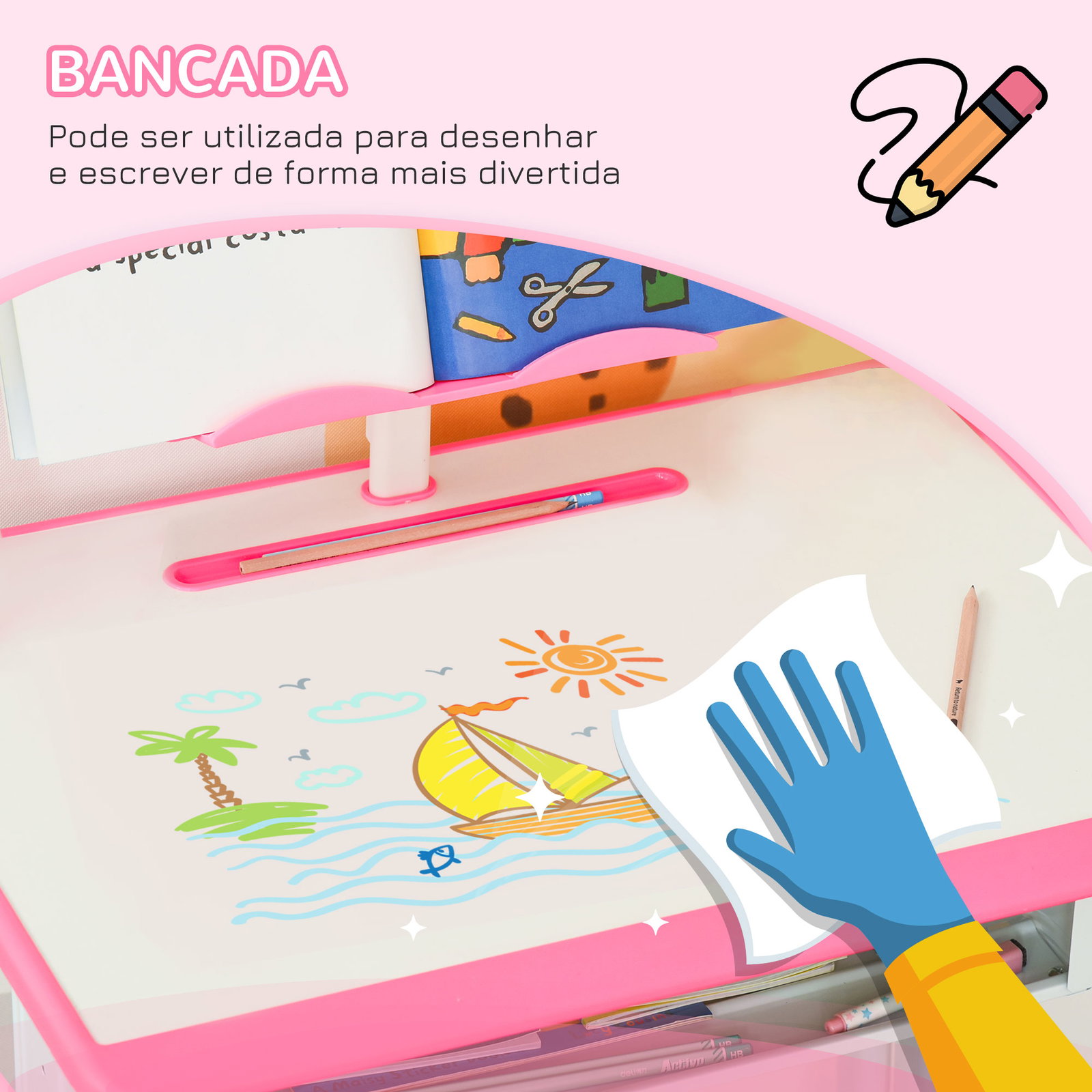 Conjunto de secretária e cadeira para crianças com altura ajustável 1 gaveta e 1 prateleira para livros 60x45x90-120 cm rosa
