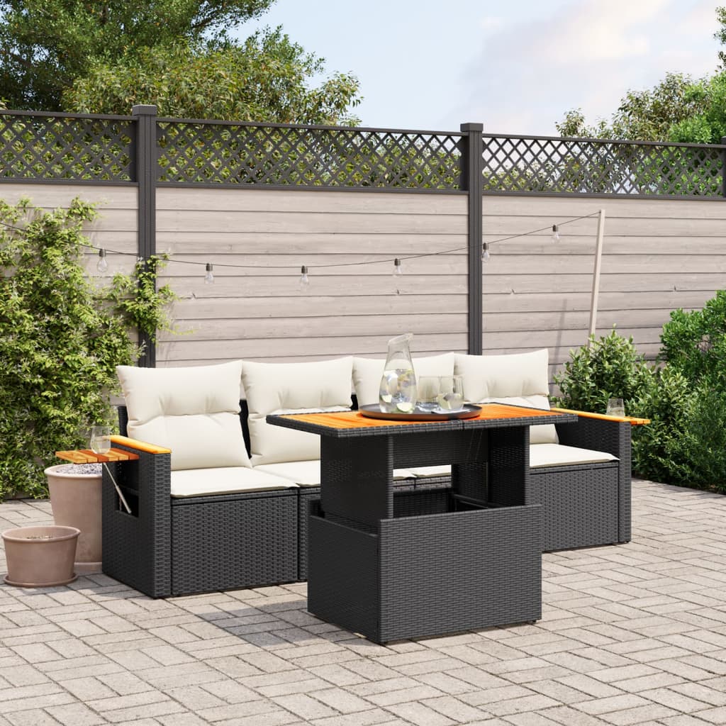 5 Pcs conjunto sofás de jardim com almofadões vime PE preto