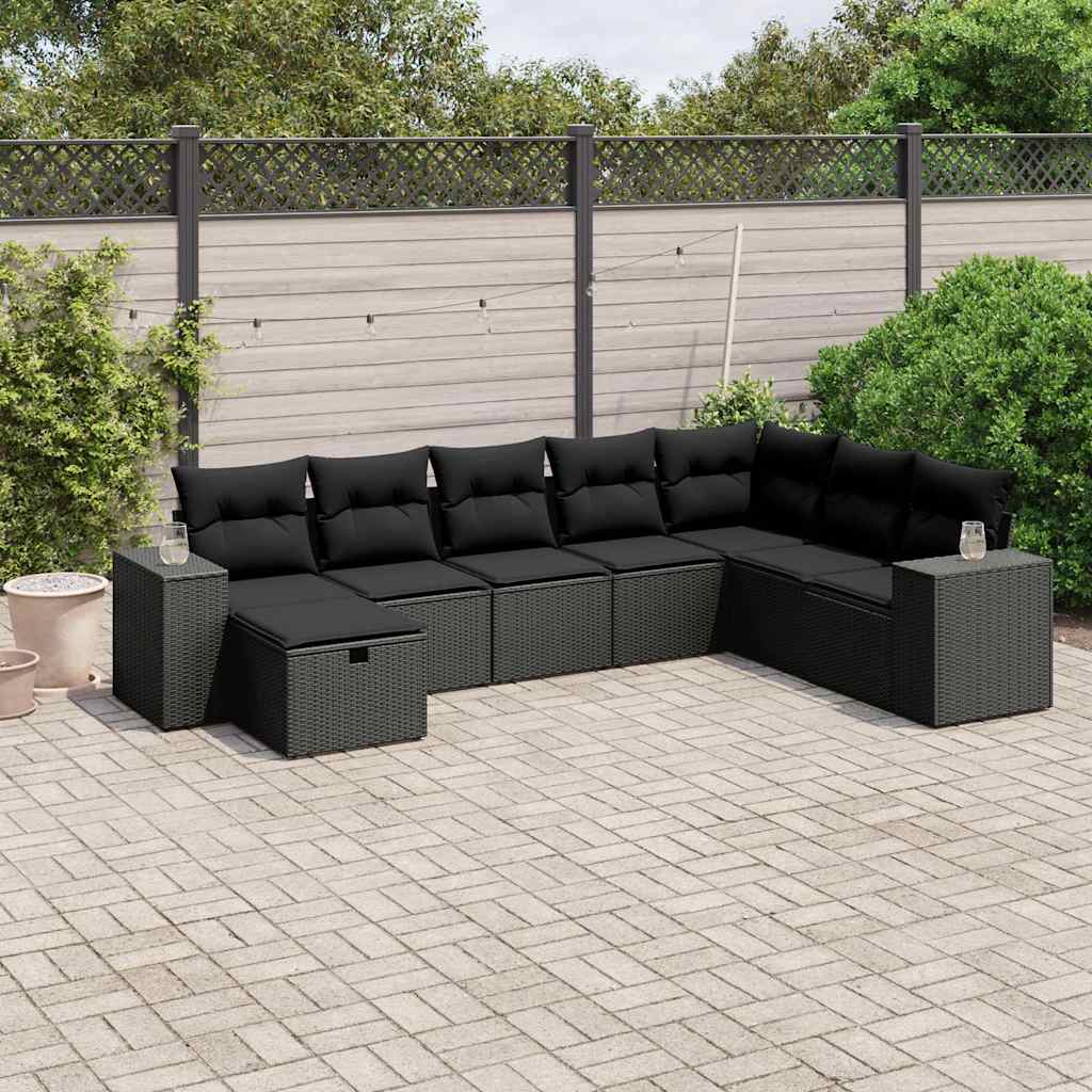 8 Pcs conjunto sofás de jardim com almofadões vime PE preto