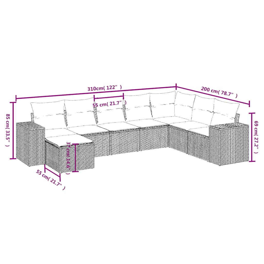 8 Pcs conjunto sofás de jardim com almofadões vime PE preto