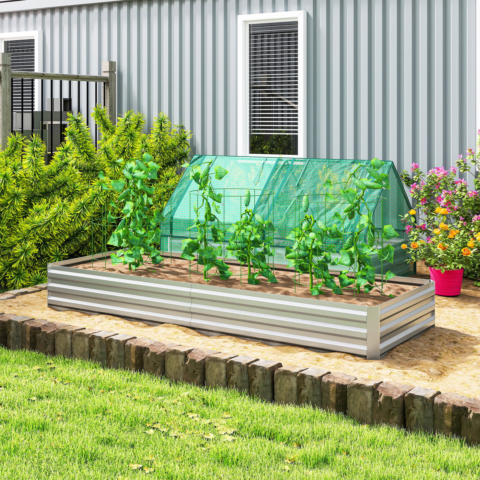 Floreira exterior grande retangular em aço galvanizado para terraço com fundo aberto 241x90,5x30 cm prata