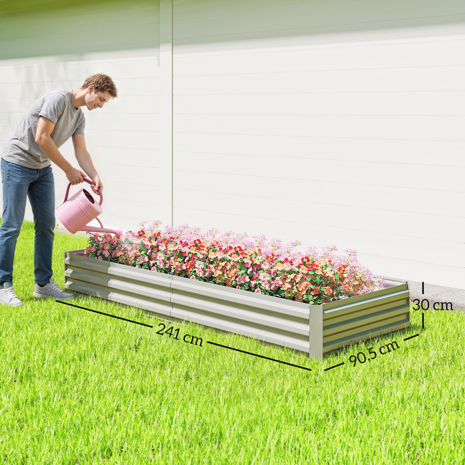 Floreira exterior grande retangular em aço galvanizado para terraço com fundo aberto 241x90,5x30 cm prata