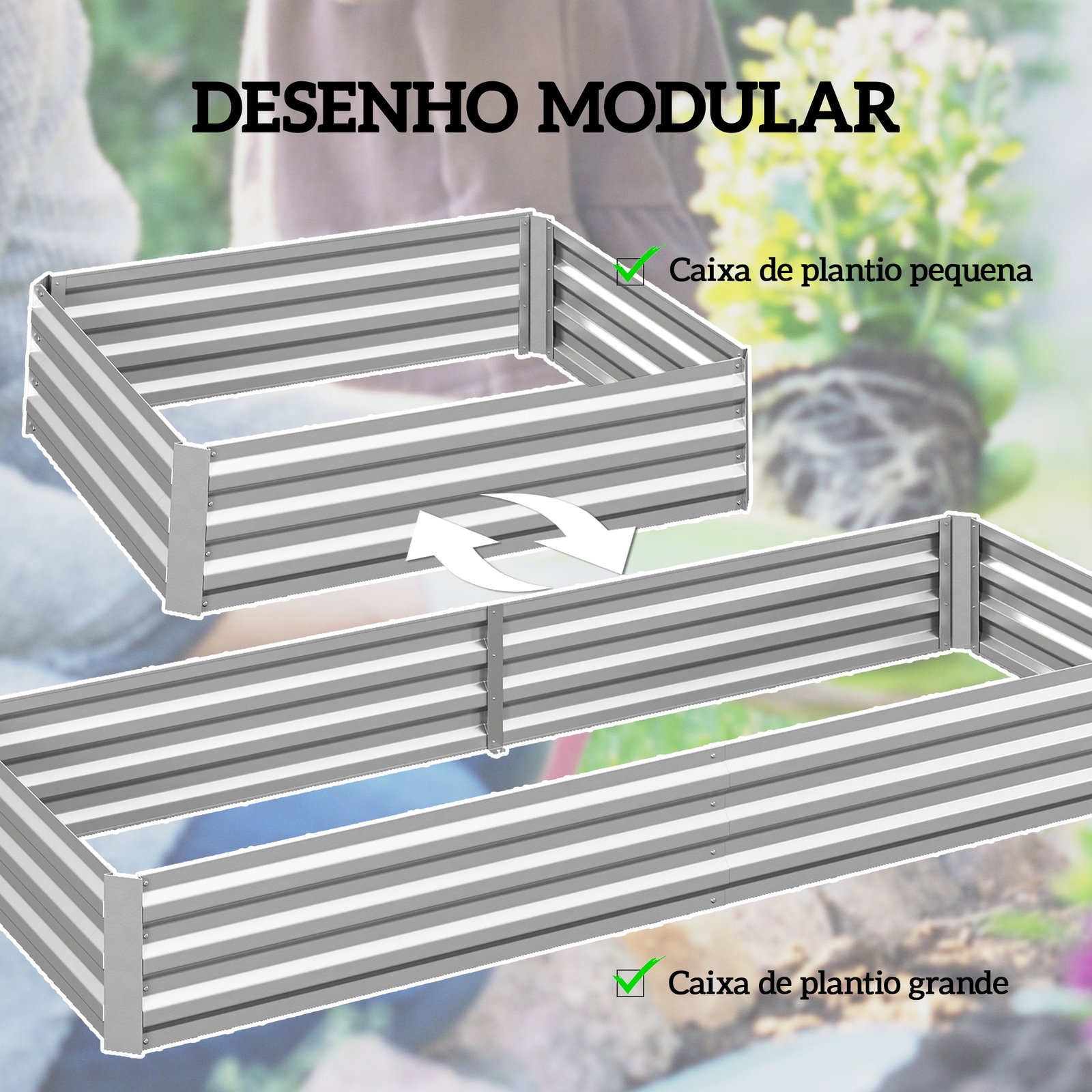 Floreira exterior grande retangular em aço galvanizado para terraço com fundo aberto 241x90,5x30 cm prata