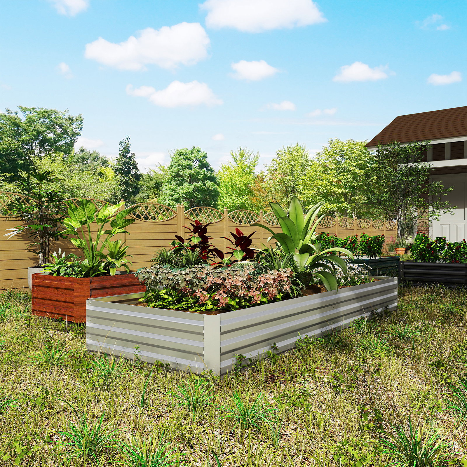 Floreira exterior grande retangular em aço galvanizado para terraço com fundo aberto 241x90,5x30 cm prata