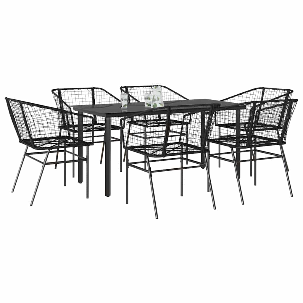 Conjunto de jantar jardim 7 peças vidro vime PE preto
