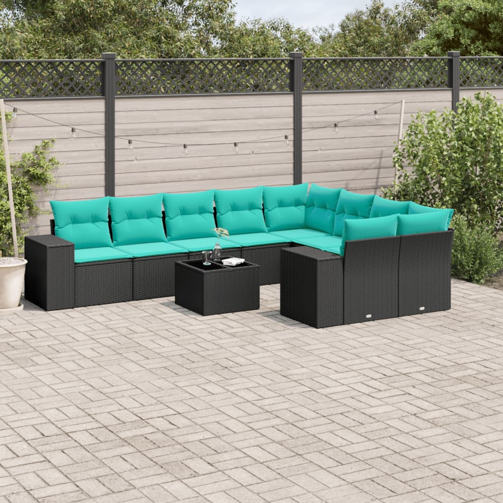 Conjunto de sofá de jardim com 10 peças e almofadas em rattan sintético preto