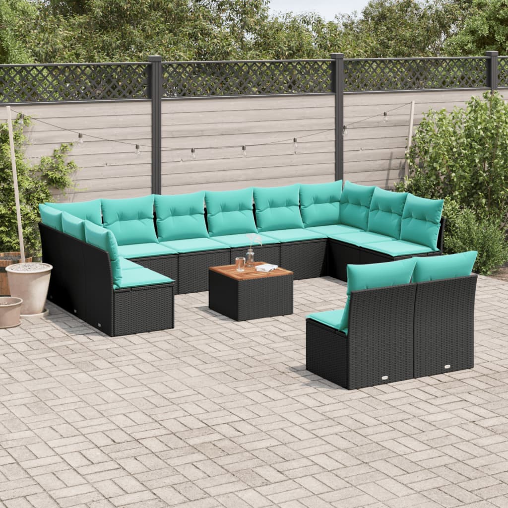 13 Pcs conjunto de sofás de jardim com almofadões vime PE preto