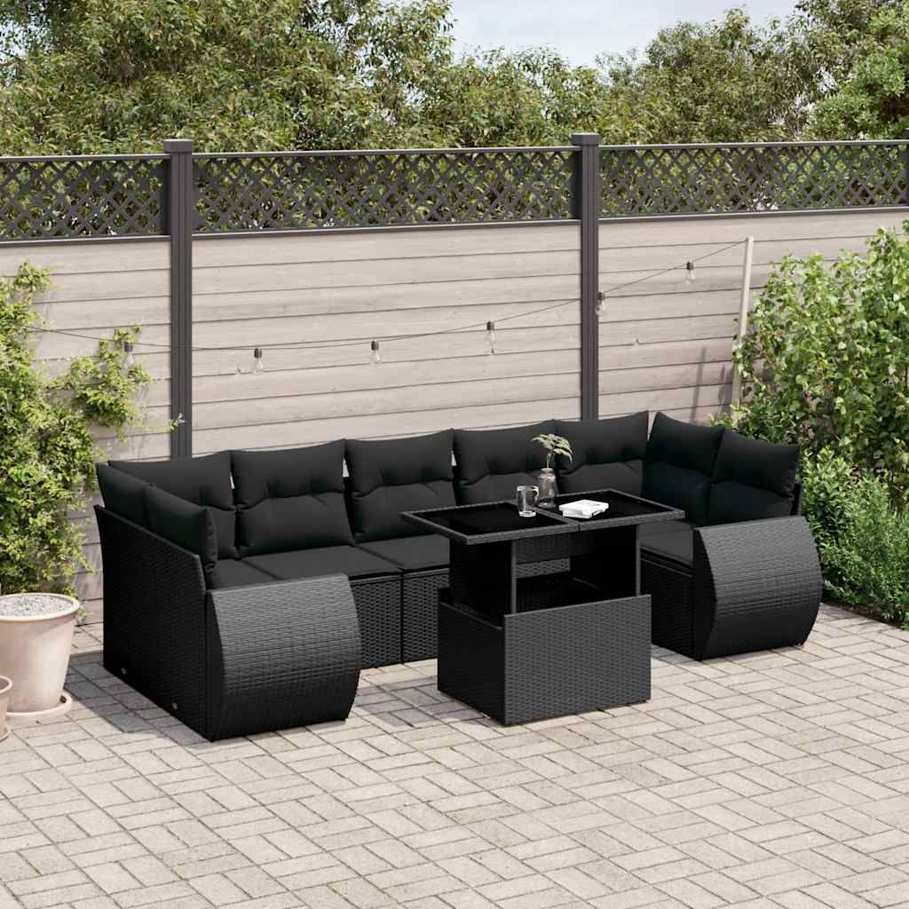 8 Pcs conjunto sofás de jardim com almofadões vime PE preto