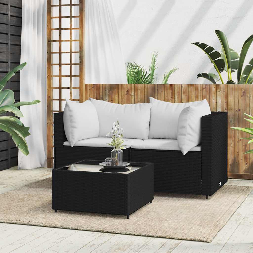3 Pcs conjunto lounge de jardim c/ almofadões vime PE preto