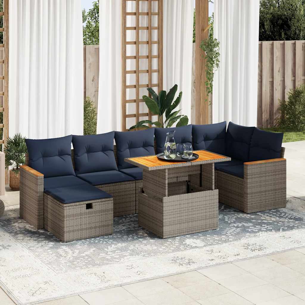8 Pcs conj. sofás jardim c/ almofadões vime PE/acácia cinzento