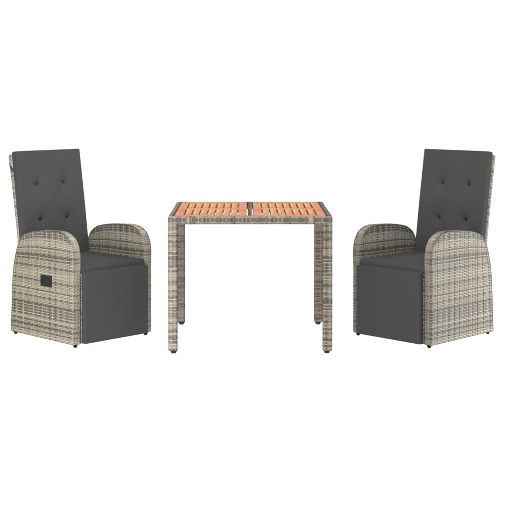3 Pcs conjunto de jantar p/ jardim c/ almofadões vime PE cinza