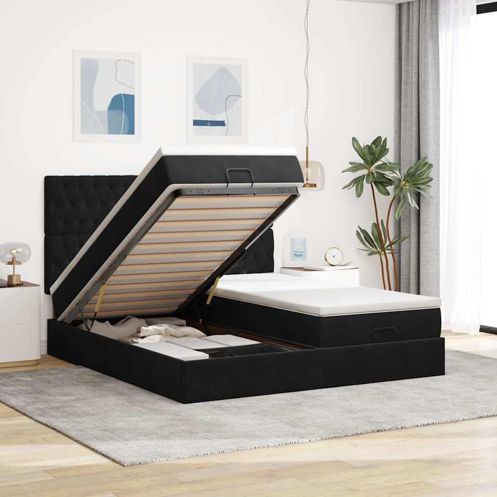 Estrutura de cama otomana com colchões 200x200cm veludo preto