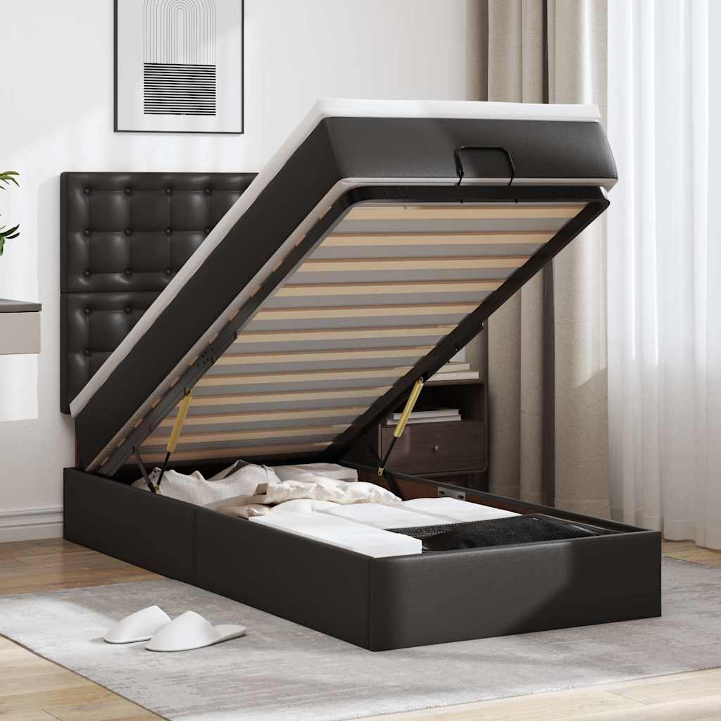 Estrutura de cama otomana com colchão preto couro falso