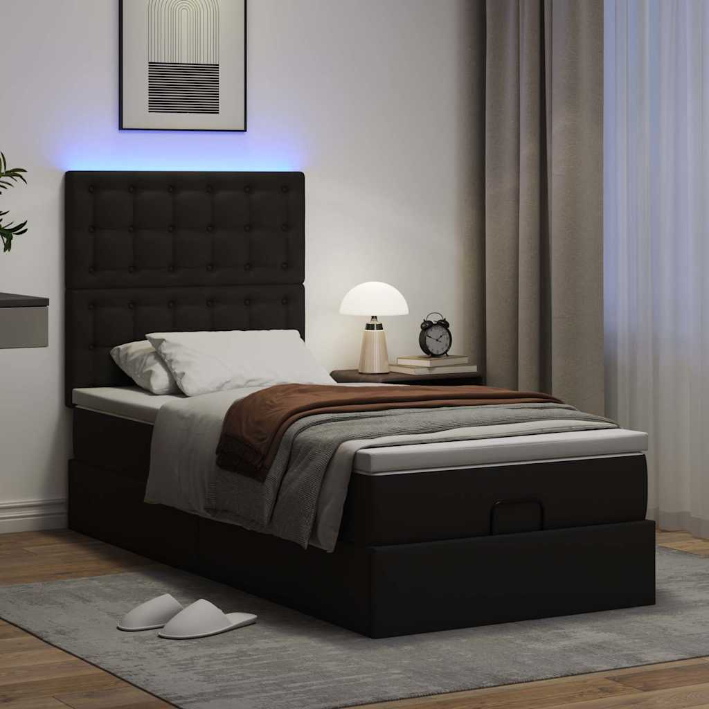 Estrutura de cama otomana com colchão preto couro falso