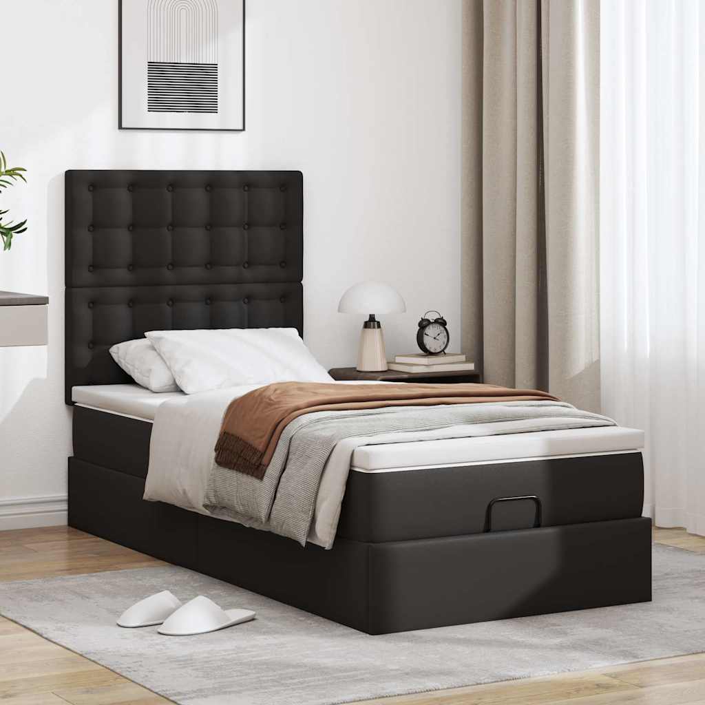 Estrutura de cama otomana com colchão preto couro falso