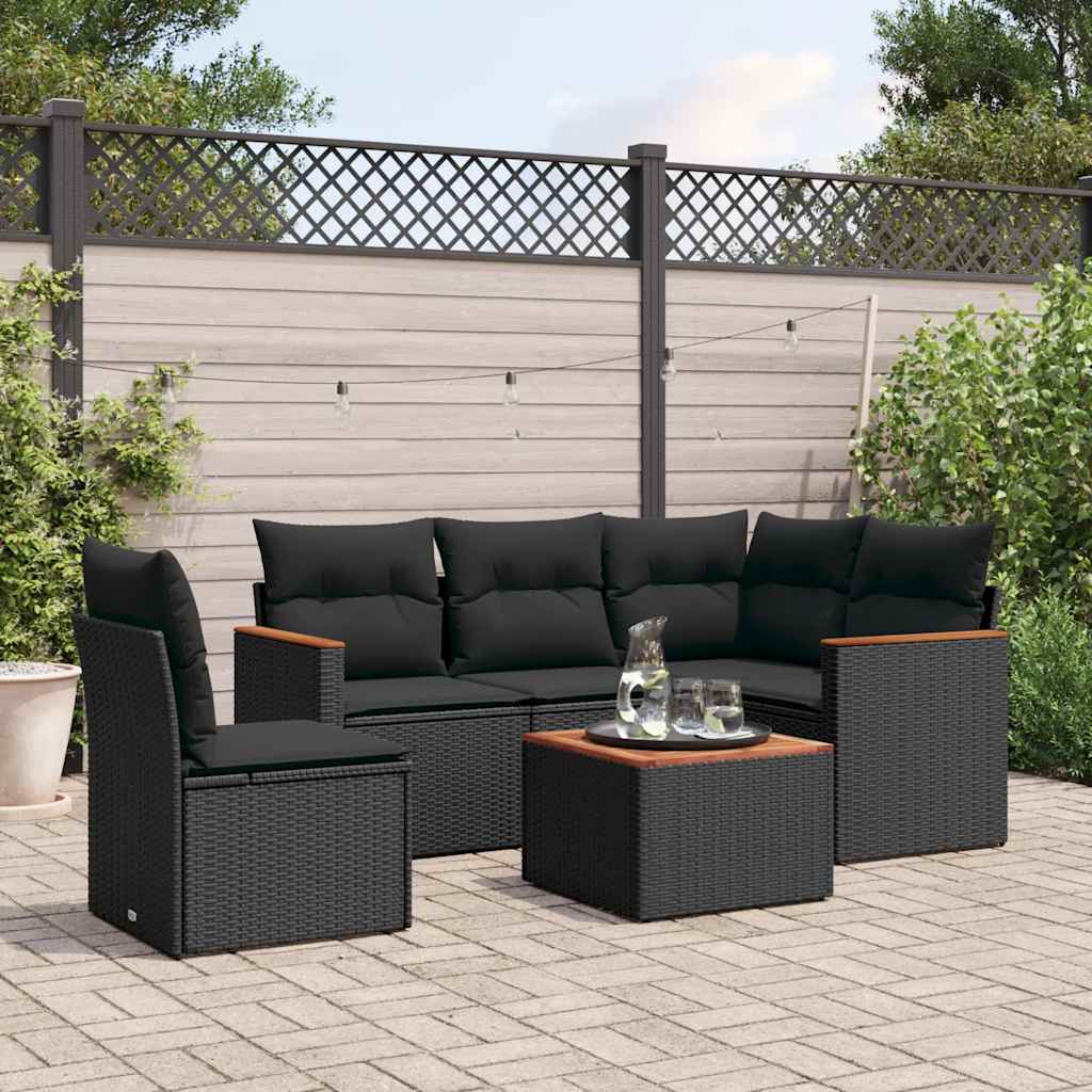 6 Pcs conjunto sofás de jardim c/ almofadões vime PE preto